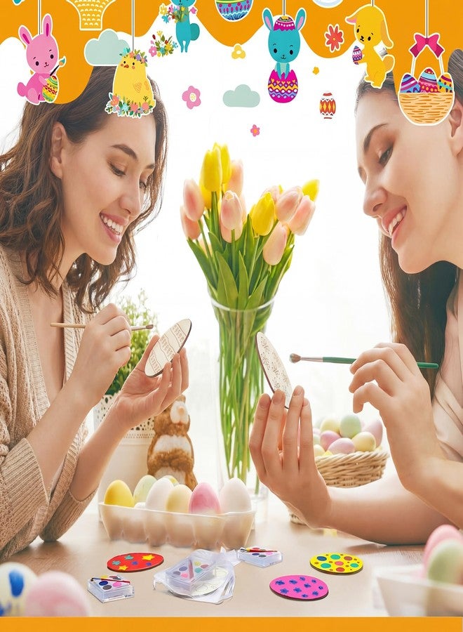Silipull 30 Set Easter Egg Painting Kit Wood DIY Crafts Include Easter Eggs Unfinished Wooden Cutout Colorful Solid Paints and White Organza Bags for Painting Crafts and Decorations - Image 2